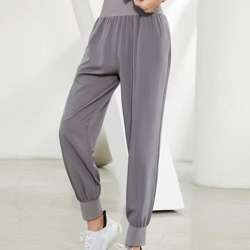 Solid Color High Waist Yoga Fitness Cropped Pants, Breasted Waist Straps Sports Jogging Pants, Women's Activewear