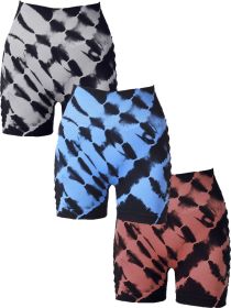 3 Pack Women's Side Cut-Out Tie-Dye Seamless Hip Lift High Waist Sports Fitness Yoga Shorts (Color: 3PACK1, size: L)