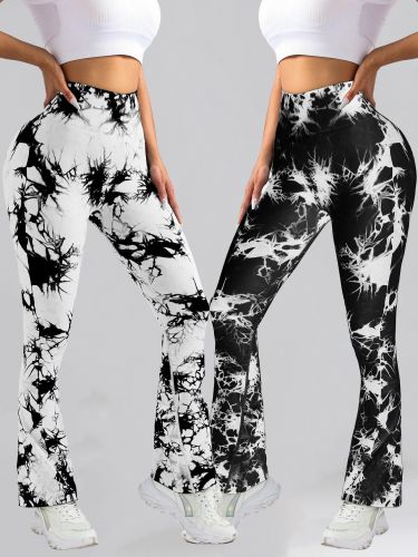 2 Pack Tie Dyed High Waisted Flared Butt-lifting Fitness Sports Women's Yoga Bell-bottom Pants, Workout Leggings For Women