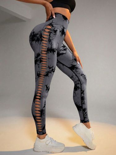 Cut Out Side Hollow Tie Dyed Yoga Pants, High Waist And Hip Lifting Fitness Pants With Side Hollow Seamless Sports Tights