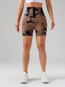 Tie Dye Button Everyday Wear Spring Summer Sports Shorts, High Waist Butt Lift Tie Dye Shorts (Color: coffee, size: M)